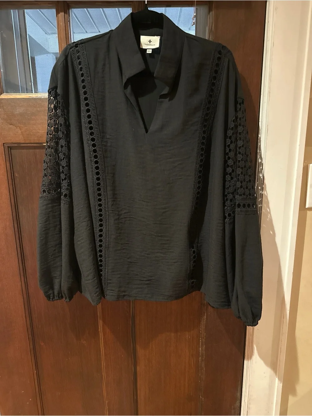 Tuckernuck Janie Black Crochet-Inset V-Neck Collared Blouse NWT